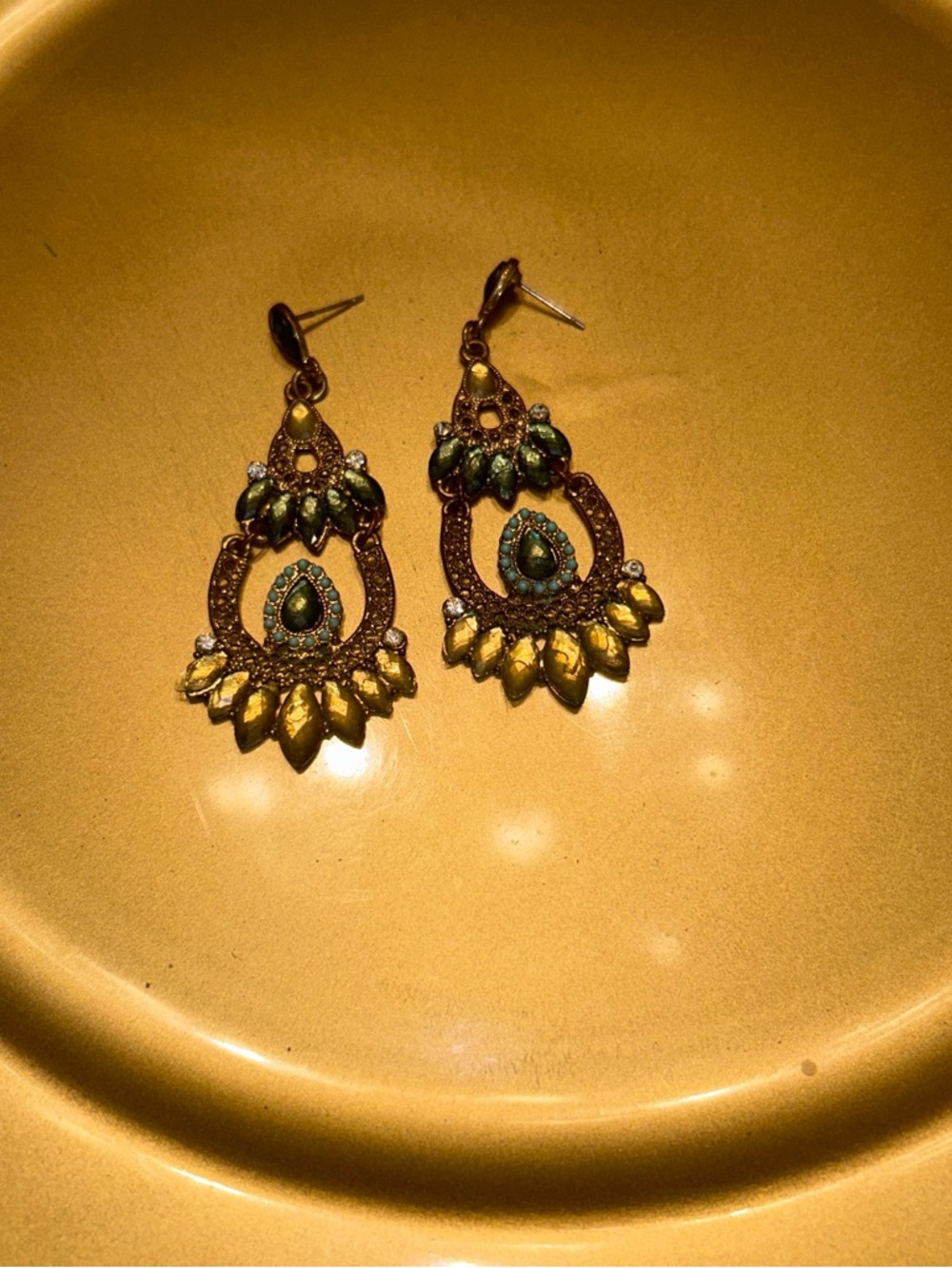 Gold-Tone Green Teardrop Filigree Dangle Earrings